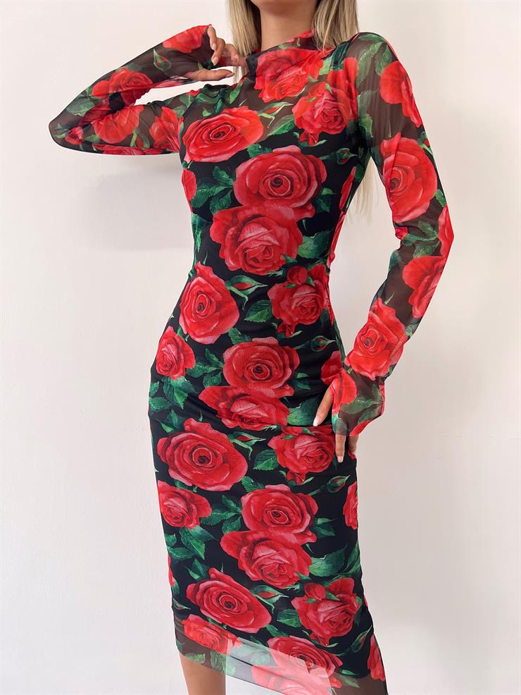 Çiçek Desenli Uzun Tül Kol Lori Kadın Kırmızı Elbise 23K000402