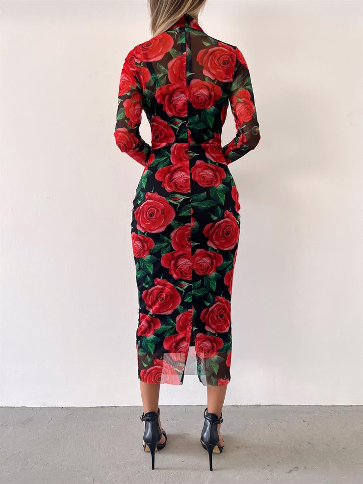 Çiçek Desenli Uzun Tül Kol Lori Kadın Kırmızı Elbise 23K000402