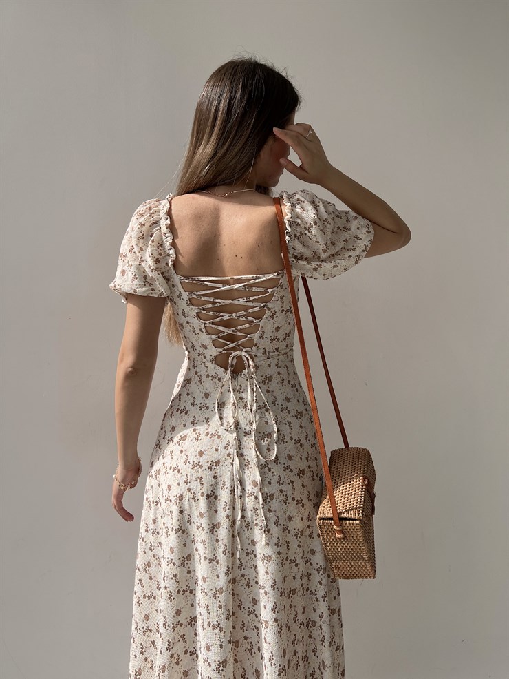 Çiçek Önden Yırtmaçlı Açık Omuz Nick Kadın Kahverengi Midi Elbise 22Y000224