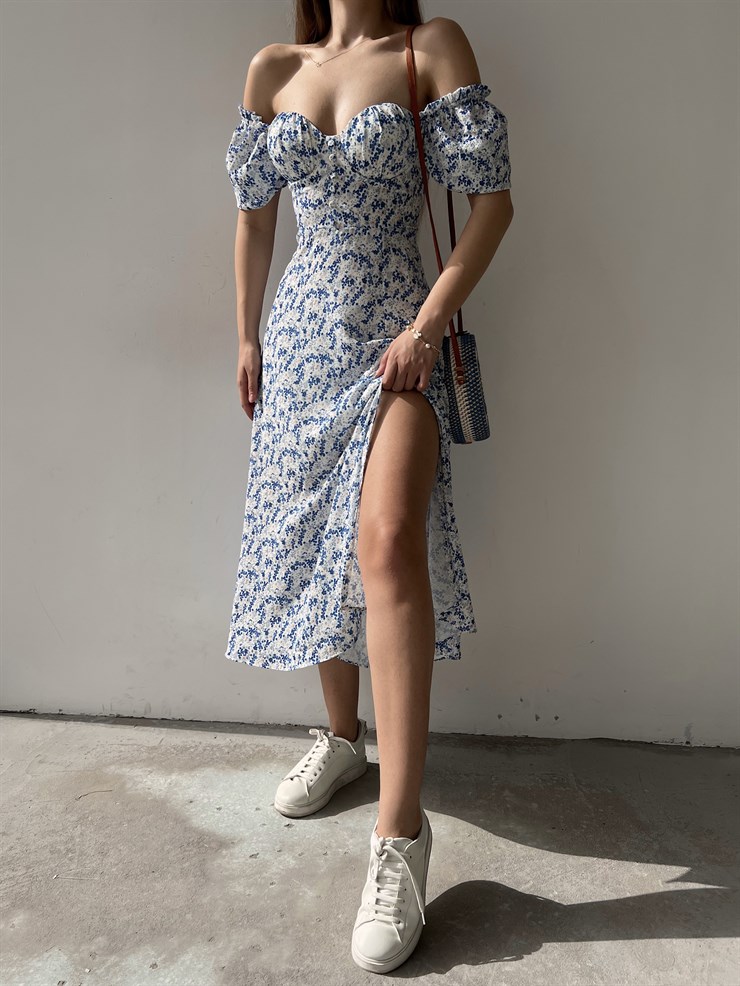 Çiçek Önden Yırtmaçlı Açık Omuz Nick Kadın Mavi Midi Elbise 22Y000224