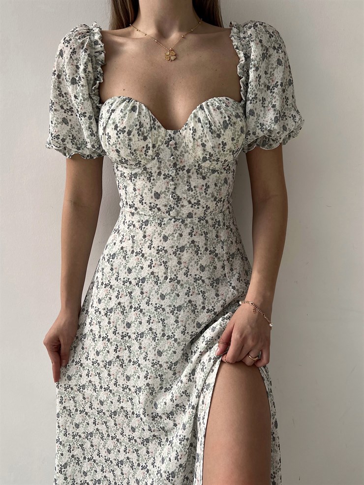 Çiçek Önden Yırtmaçlı Açık Omuz Nick Kadın Yeşil Midi Elbise 22Y000224