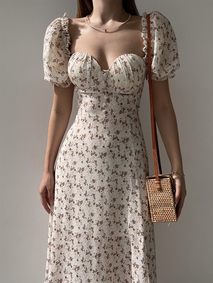 Çiçek Önden Yırtmaçlı Açık Omuz Nick Kadın Kahverengi Midi Elbise 22Y000224