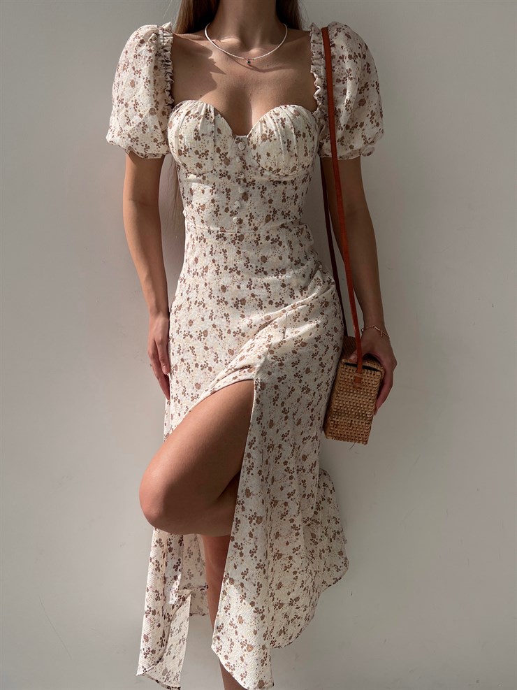 Çiçek Önden Yırtmaçlı Açık Omuz Nick Kadın Kahverengi Midi Elbise 22Y000224