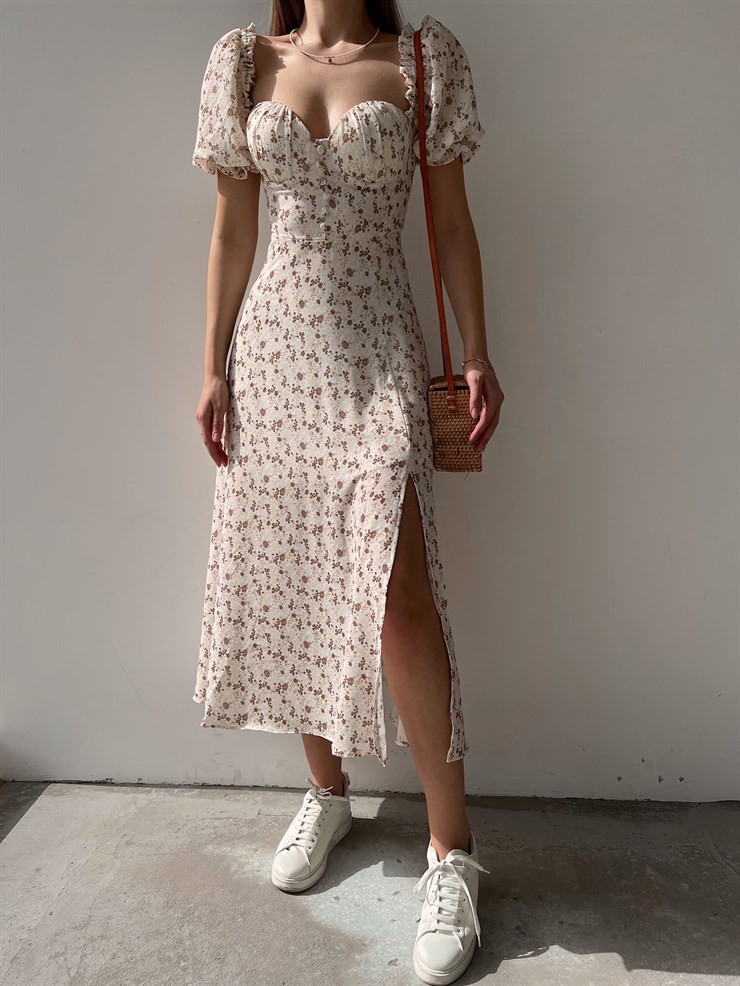 Çiçek Önden Yırtmaçlı Açık Omuz Nick Kadın Kahverengi Midi Elbise 22Y000224