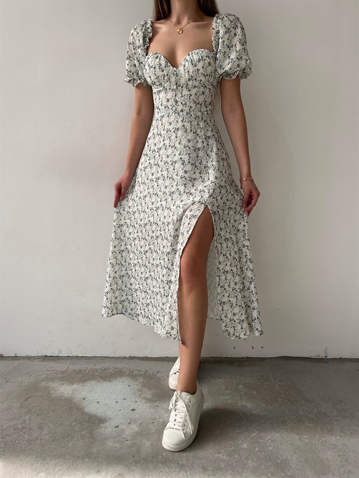 Çiçek Önden Yırtmaçlı Açık Omuz Nick Kadın Yeşil Midi Elbise 22Y000224