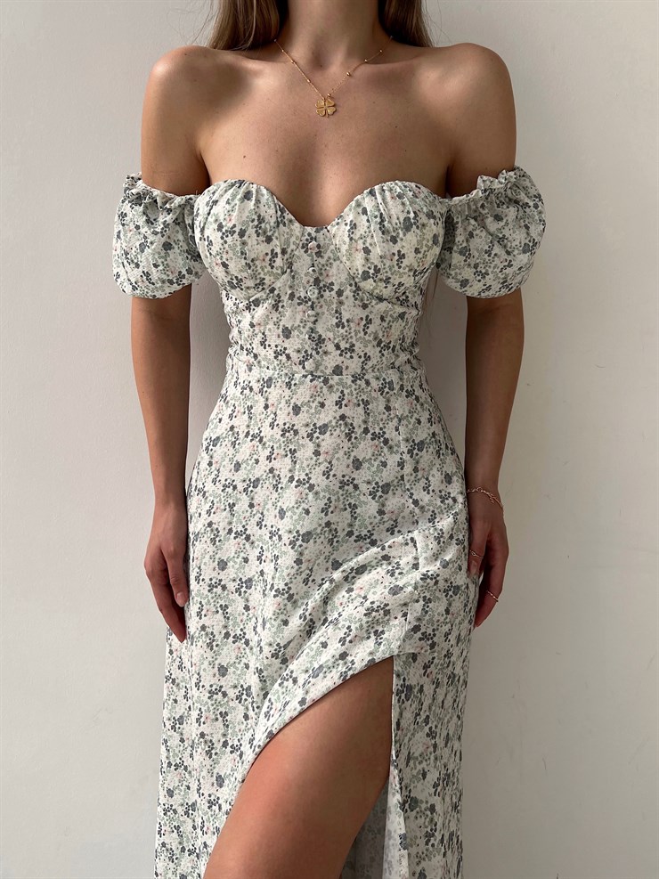 Çiçek Önden Yırtmaçlı Açık Omuz Nick Kadın Yeşil Midi Elbise 22Y000224