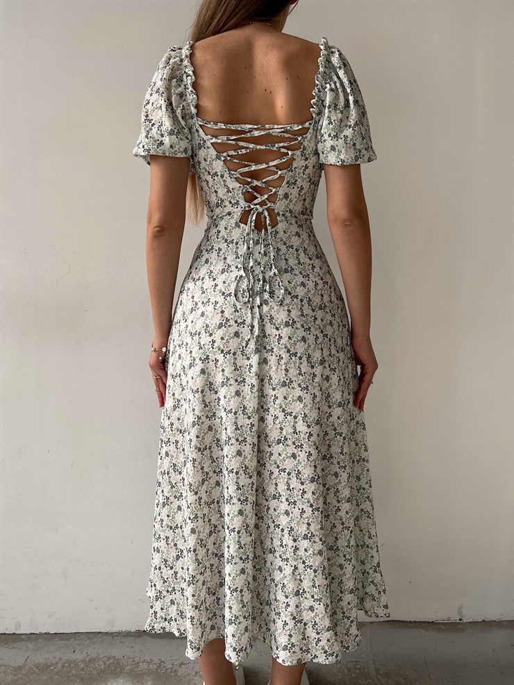 Çiçek Önden Yırtmaçlı Açık Omuz Nick Kadın Yeşil Midi Elbise 22Y000224