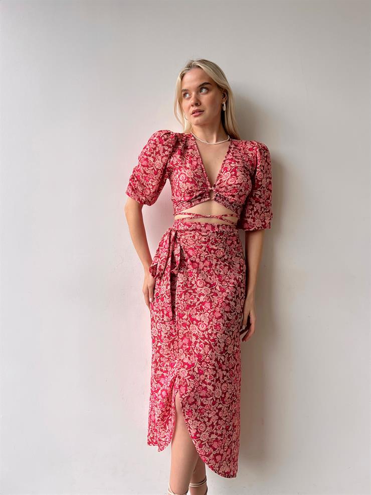 Çiçeki Kruvaze Bağcıklı Alt Ve Üst Balera Kadın Bordo İkili Takım 22Y000336