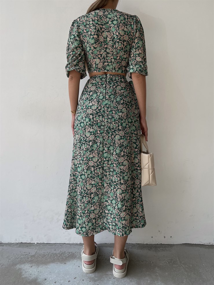 Çiçeki Kruvaze Bağcıklı Alt Ve Üst Balera Kadın Yeşil İkili Takım 22Y000336