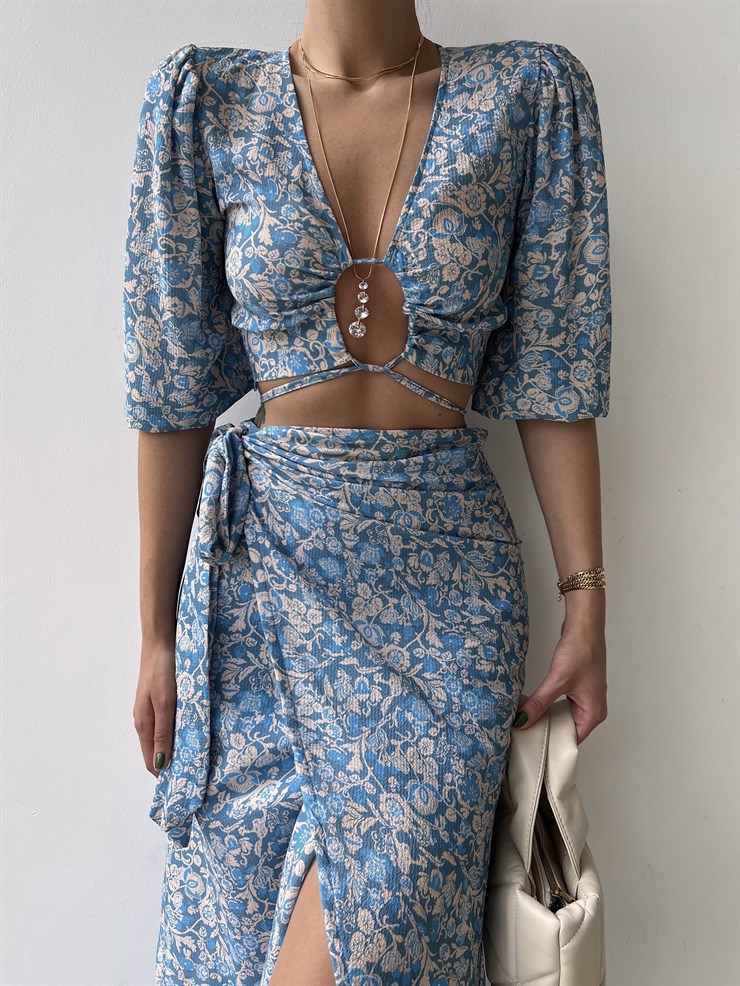 Çiçeki Kruvaze Bağcıklı Alt Ve Üst Balera Kadın Mavi İkili Takım 22Y000336