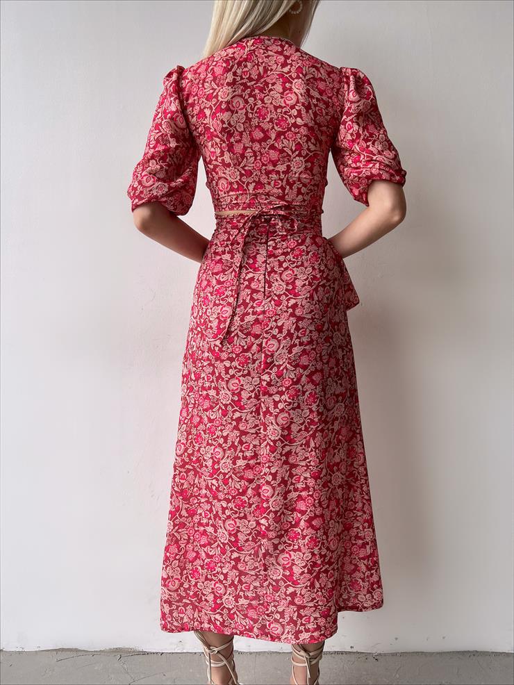 Çiçeki Kruvaze Bağcıklı Alt Ve Üst Balera Kadın Bordo İkili Takım 22Y000336