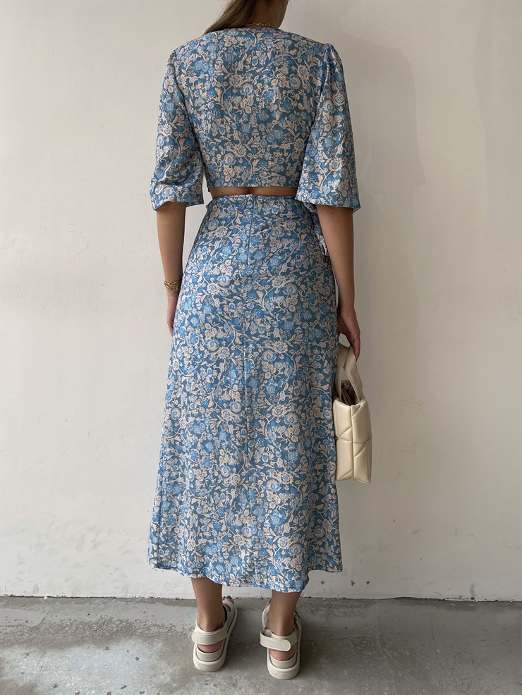 Çiçeki Kruvaze Bağcıklı Alt Ve Üst Balera Kadın Mavi İkili Takım 22Y000336