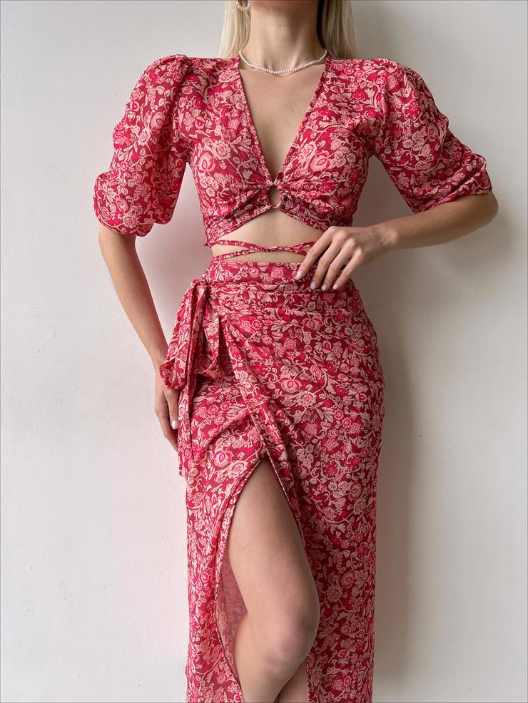 Çiçeki Kruvaze Bağcıklı Alt Ve Üst Balera Kadın Bordo İkili Takım 22Y000336