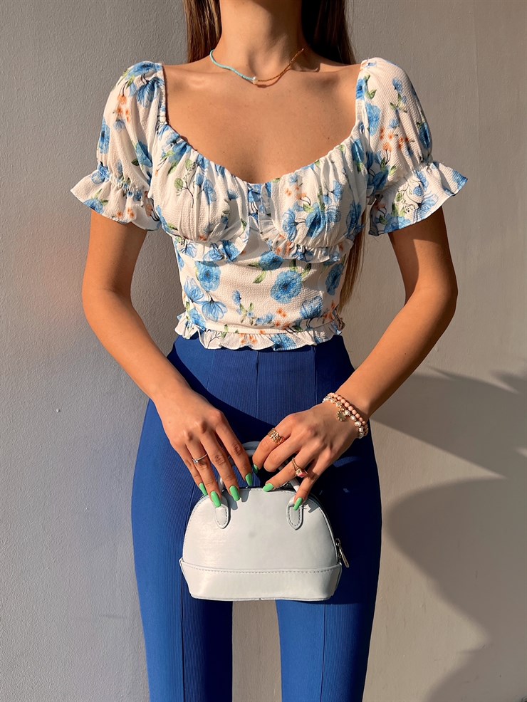 Çiçekli Açık Omuz Volanlı Avery Kadın Mavi Crop Bluz 22Y000020