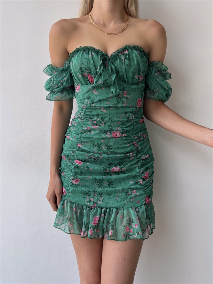 Çiçekli Ayarlanabilir Lastikli Yaka Volanlı Vitalis Kadın Yeşil Elbise 22Y000453