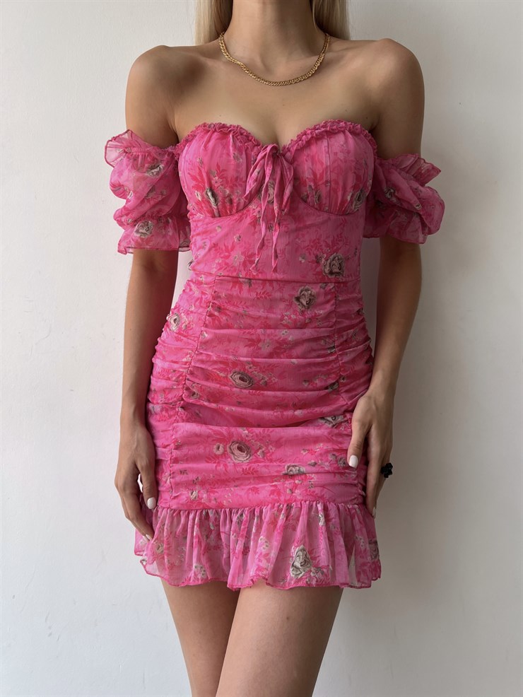 Çiçekli Ayarlanabilir Lastikli Yaka Volanlı Vitalis Kadın Pembe Elbise 22Y000453