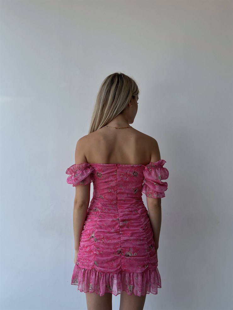 Çiçekli Ayarlanabilir Lastikli Yaka Volanlı Vitalis Kadın Pembe Elbise 22Y000453