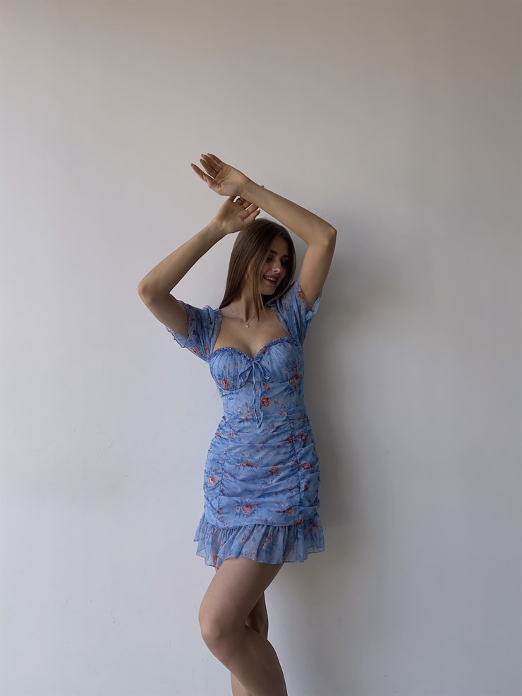 Çiçekli Ayarlanabilir Lastikli Yaka Volanlı Vitalis Kadın Mavi Elbise 22Y000453