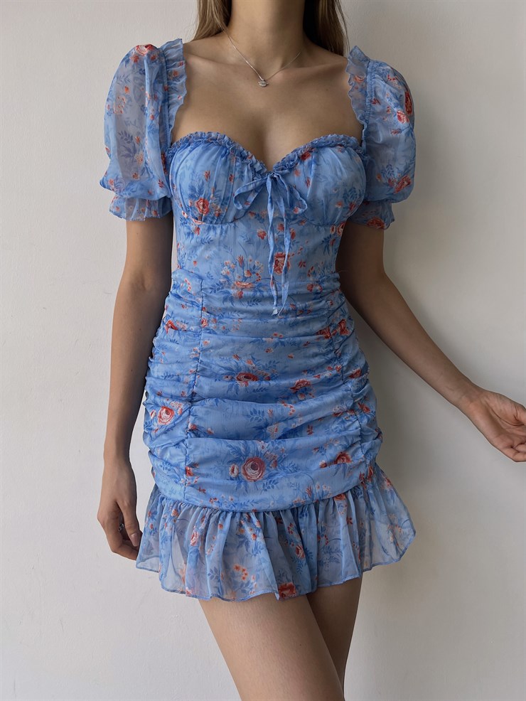 Çiçekli Ayarlanabilir Lastikli Yaka Volanlı Vitalis Kadın Mavi Elbise 22Y000453