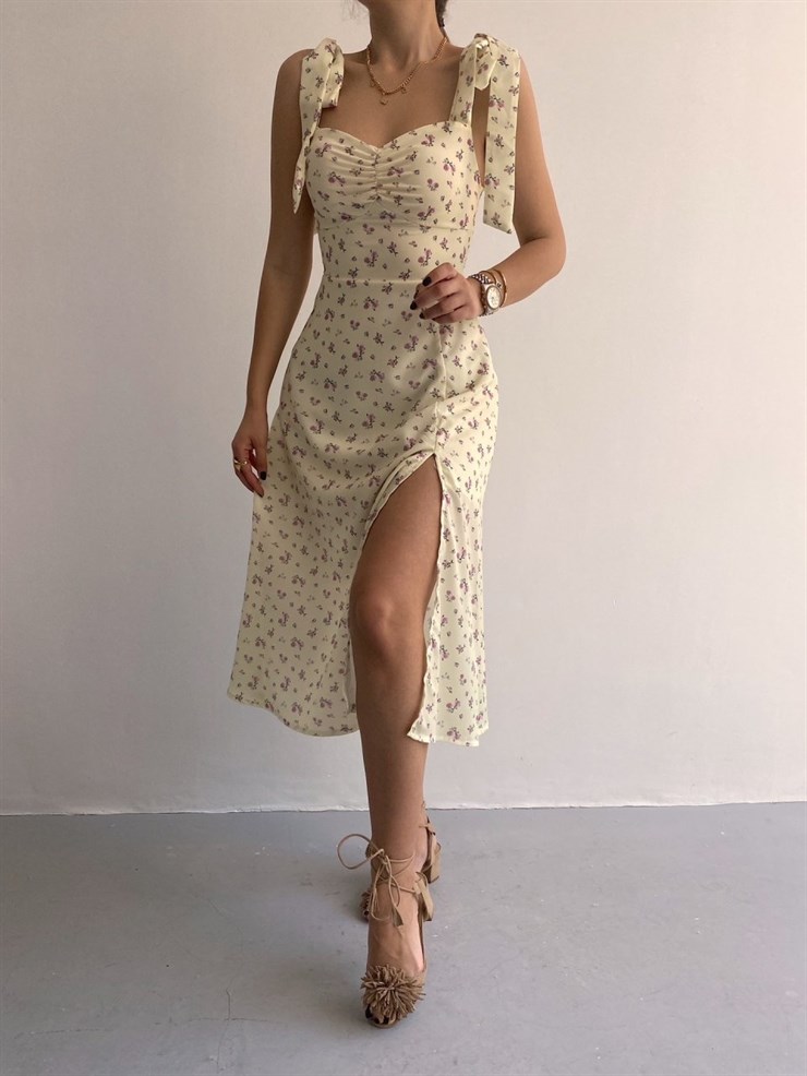 Çiçekli Ayarlanır Bağlamalı Askısı Yırtmaçlı Kadın Sarı Midi Elbise 21Y000349