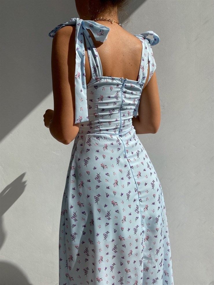 Çiçekli Ayarlanır Bağlamalı Askısı Yırtmaçlı Kadın Mavi Midi Elbise 21Y000349