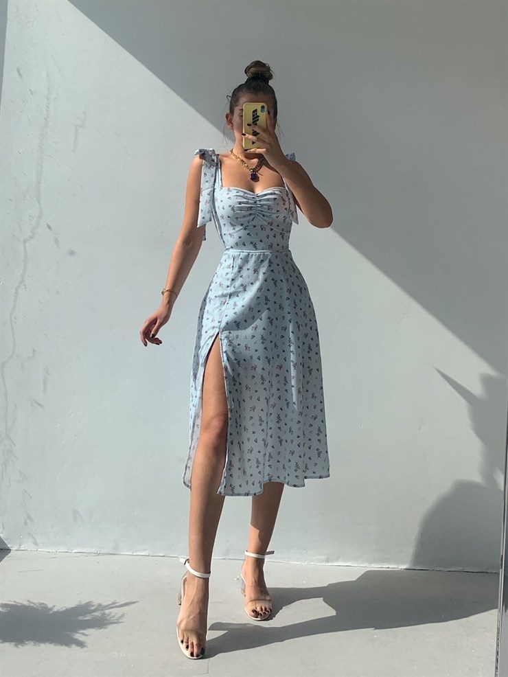 Çiçekli Ayarlanır Bağlamalı Askısı Yırtmaçlı Kadın Mavi Midi Elbise 21Y000349