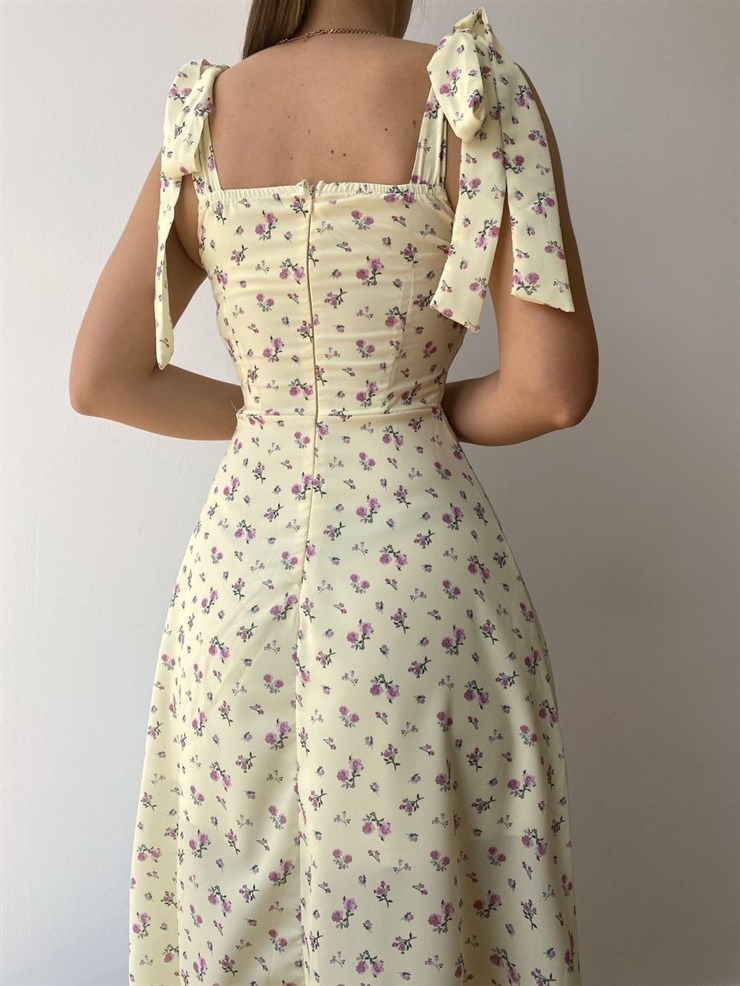 Çiçekli Ayarlanır Bağlamalı Askısı Yırtmaçlı Kadın Sarı Midi Elbise 21Y000349