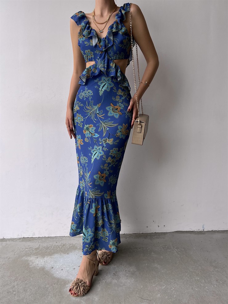 Çiçekli Bel Ve Sırt Dekolte Fırfırlı Edith Kadın İndigo Uzun Elbise 22Y000307