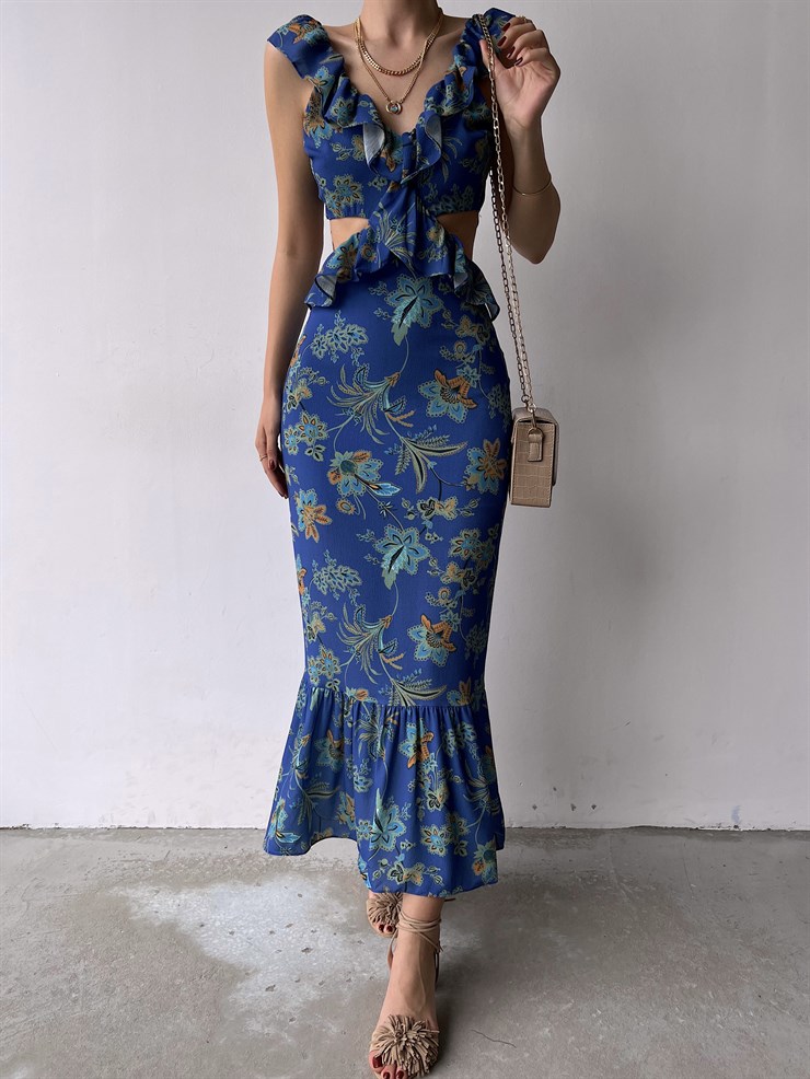 Çiçekli Bel Ve Sırt Dekolte Fırfırlı Edith Kadın İndigo Uzun Elbise 22Y000307