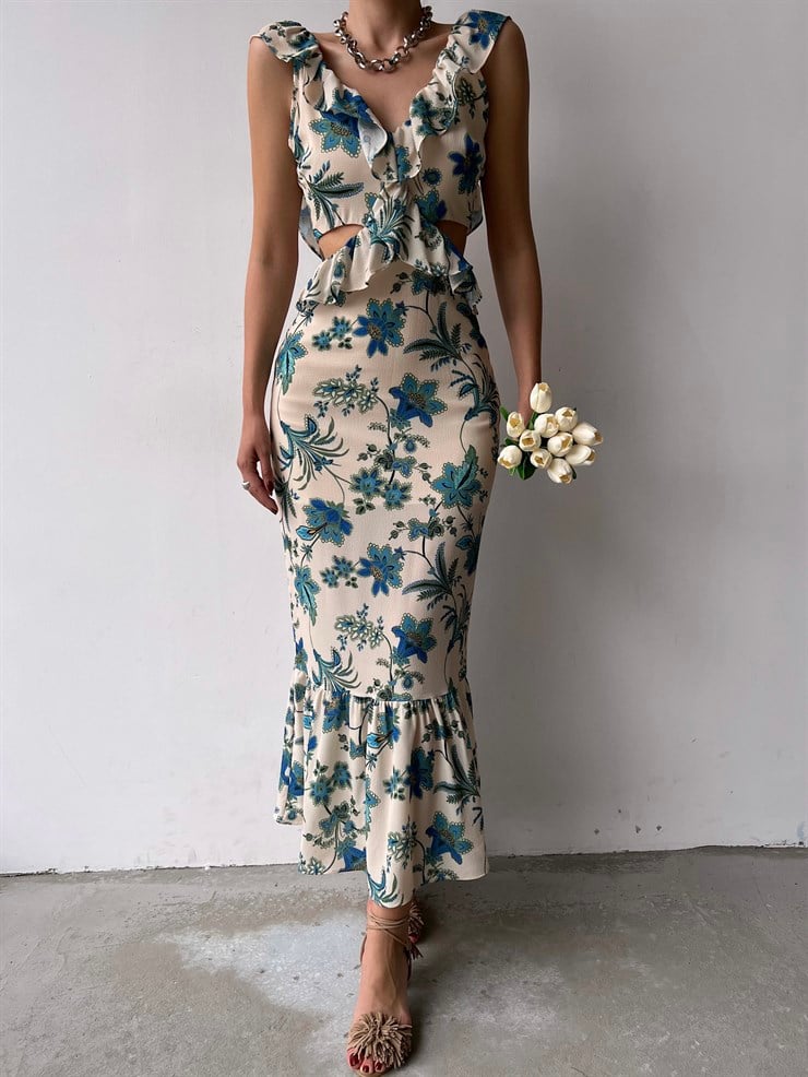 Çiçekli Bel Ve Sırt Dekolte Fırfırlı Edith Kadın Taş Uzun Elbise 22Y000307