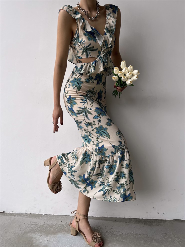 Çiçekli Bel Ve Sırt Dekolte Fırfırlı Edith Kadın Taş Uzun Elbise 22Y000307