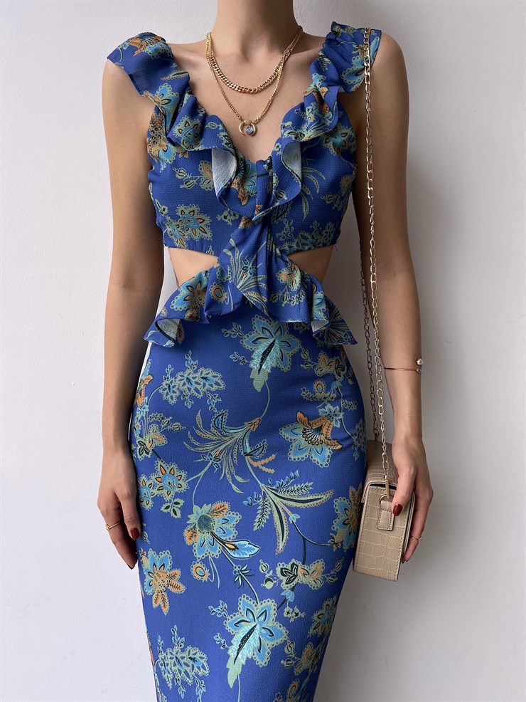 Çiçekli Bel Ve Sırt Dekolte Fırfırlı Edith Kadın İndigo Uzun Elbise 22Y000307