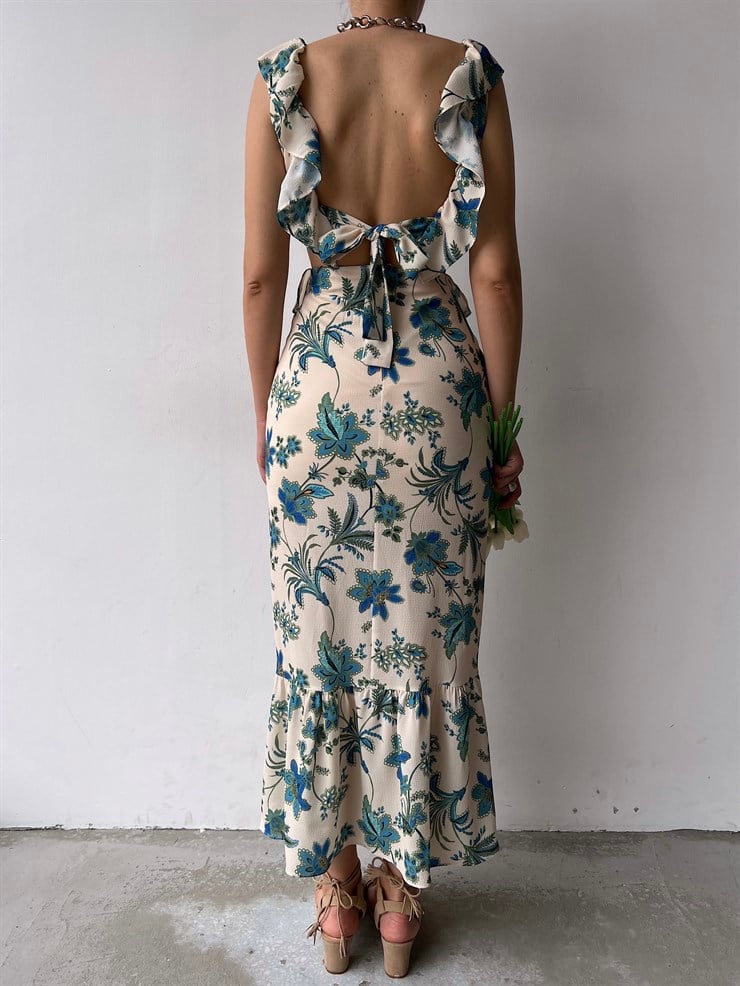 Çiçekli Bel Ve Sırt Dekolte Fırfırlı Edith Kadın Taş Uzun Elbise 22Y000307