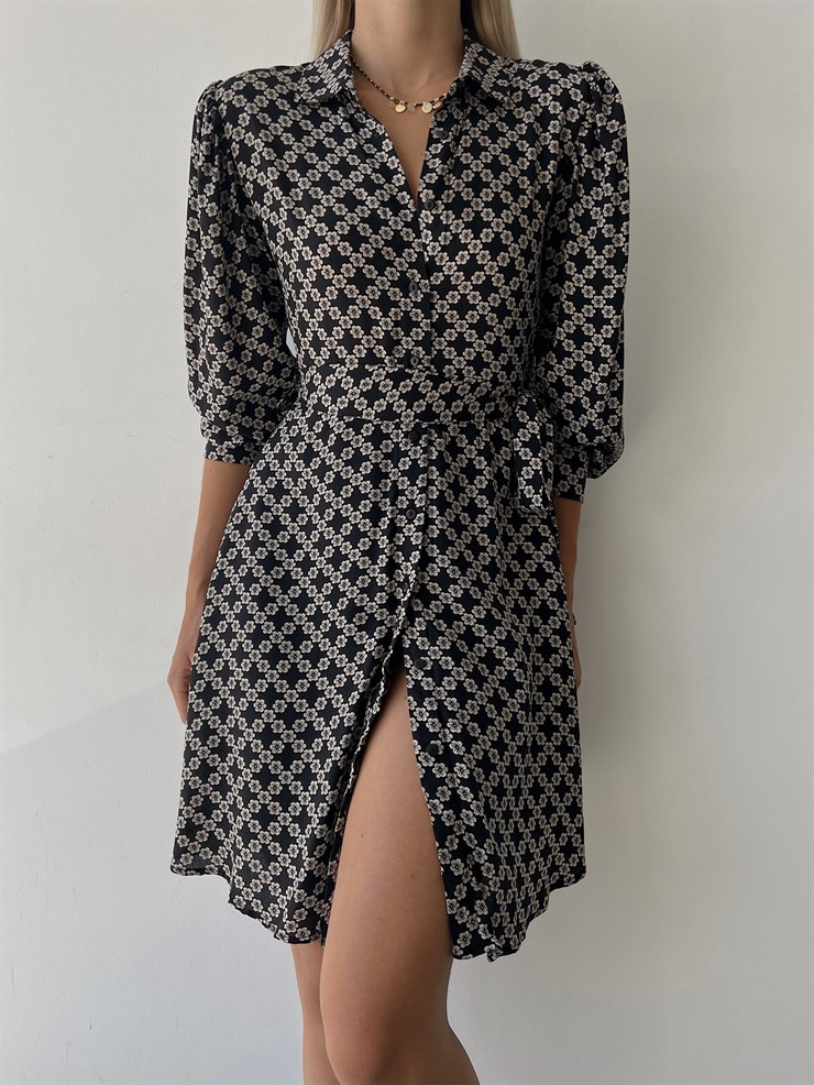 Çiçekli Belden Bağcıklı Flora Kadın Siyah Elbise 22K000142