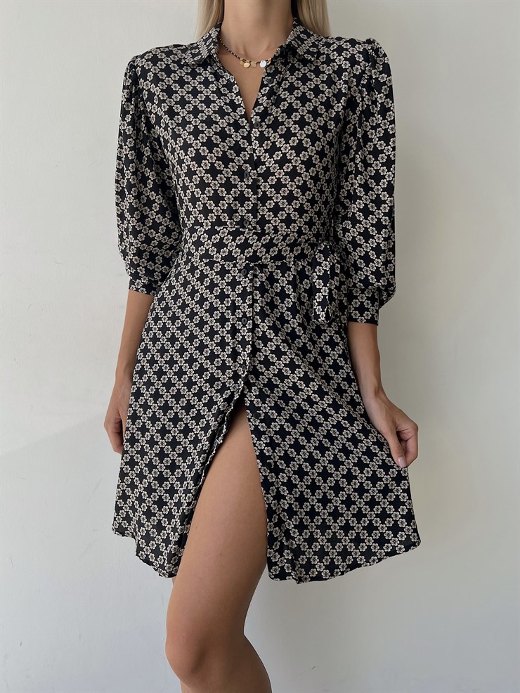Çiçekli Belden Bağcıklı Flora Kadın Siyah Elbise 22K000142