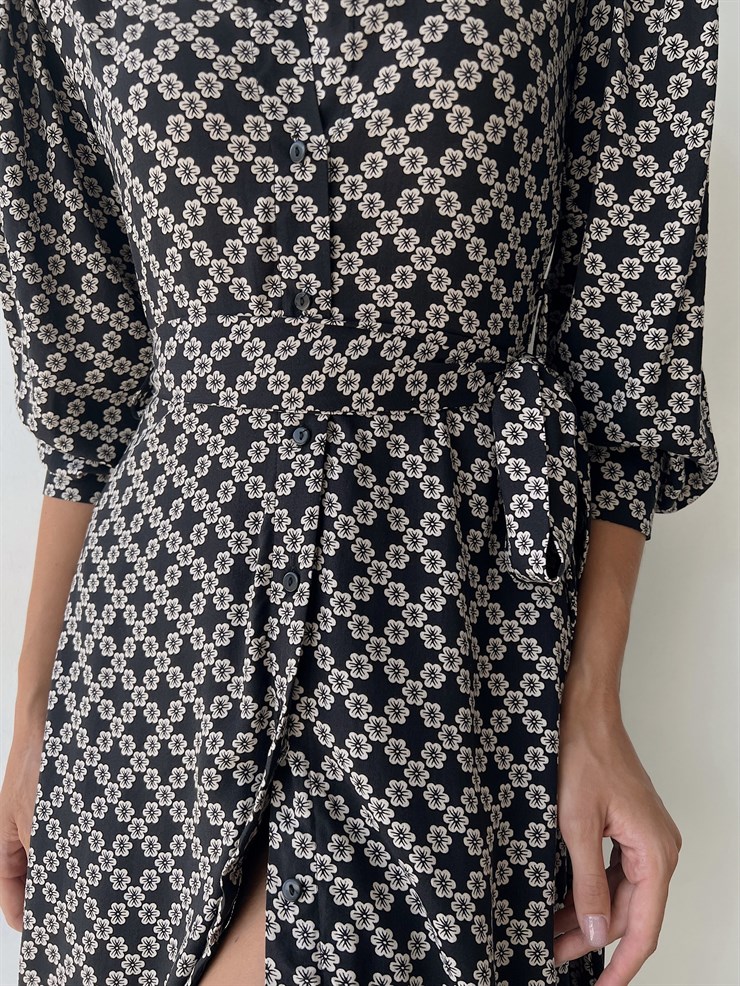 Çiçekli Belden Bağcıklı Flora Kadın Siyah Elbise 22K000142