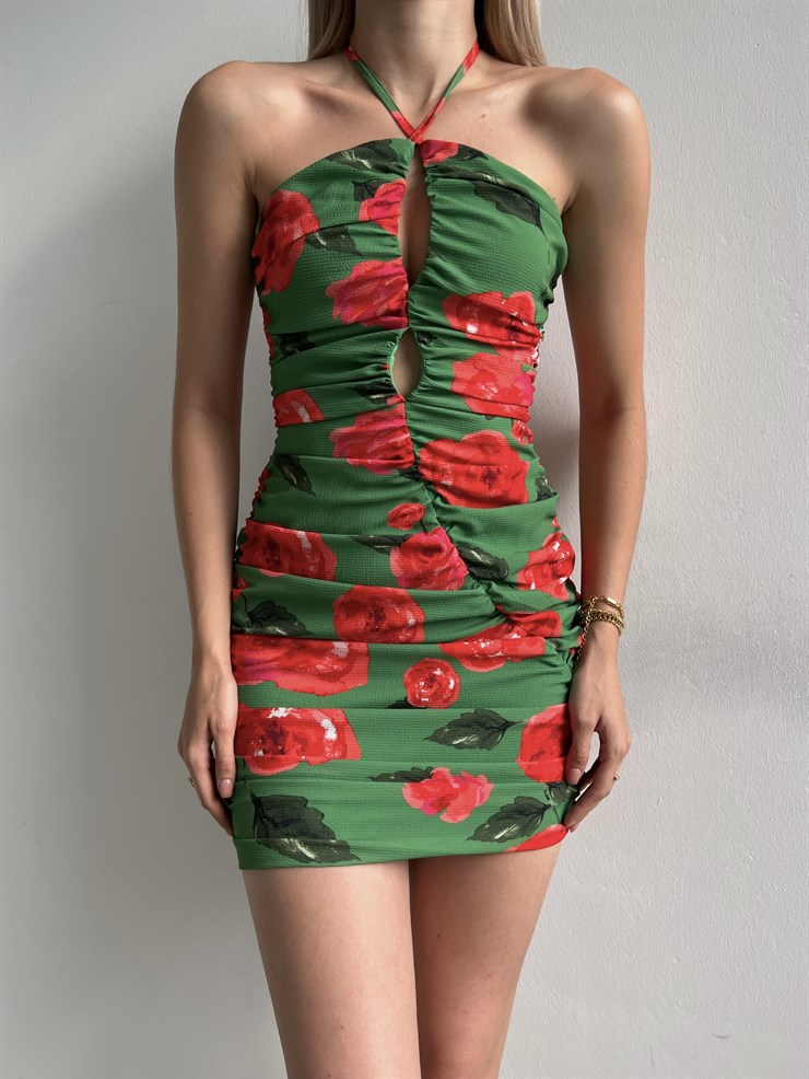 Çiçekli Boyundan Bağcıklı Pencere Detay Marinel Kadın Yeşil Elbise 22Y000384