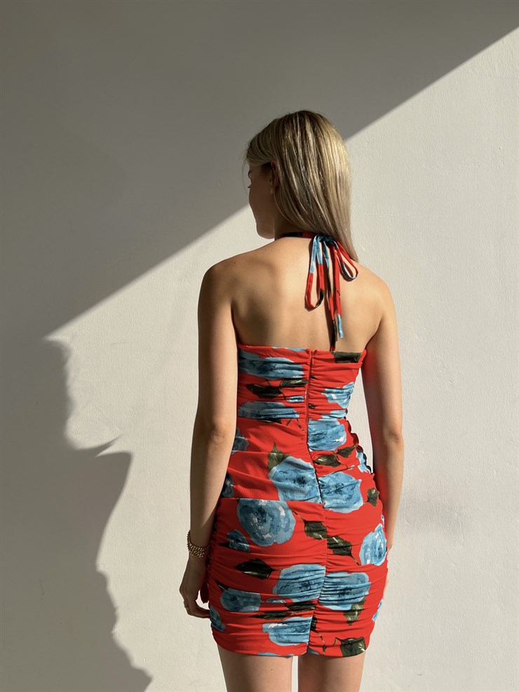 Çiçekli Boyundan Bağcıklı Pencere Detay Marinel Kadın Mercan Elbise 22Y000384