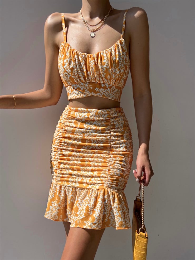 Çiçekli Crop Üst Ve Volanlı Drape Etek Sammy Kadın Sarı İkili Takım 22Y000283