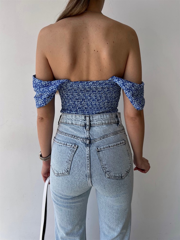 Çiçekli Düşük Omuz Gipeli Göğüs Kuplu Mireya Kadın Mavi Bluz 22Y000237