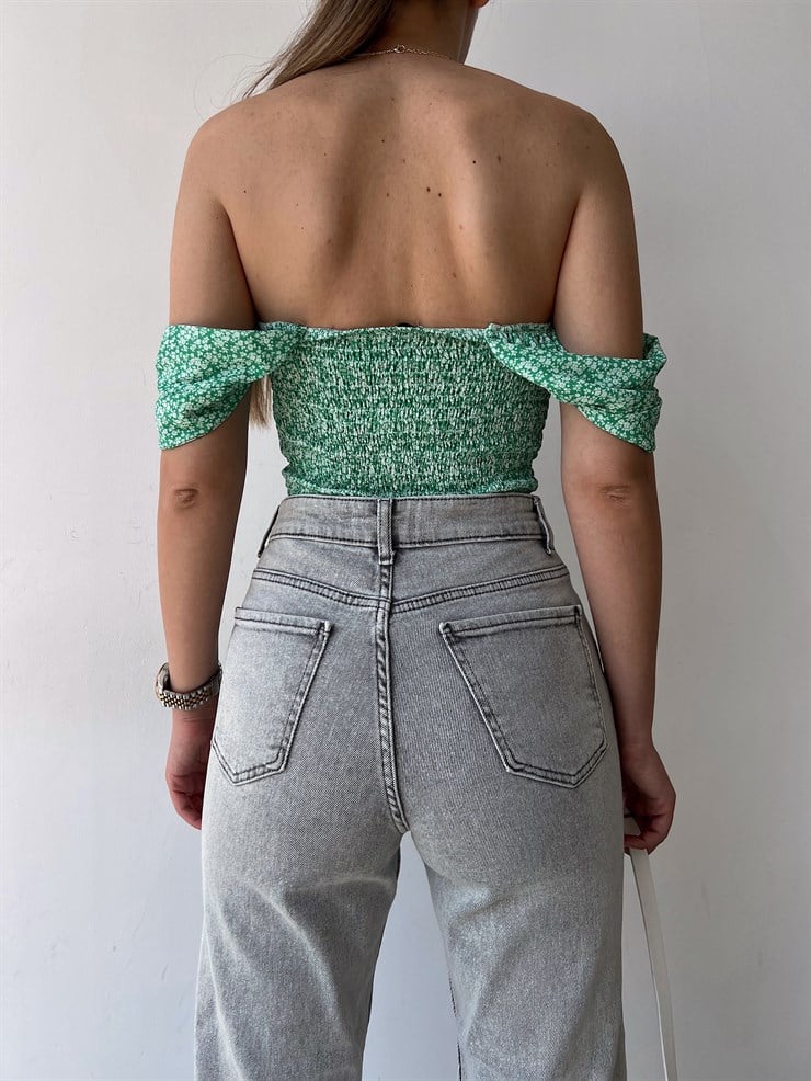 Çiçekli Düşük Omuz Gipeli Göğüs Kuplu Mireya Kadın Yeşil Bluz 22Y000237