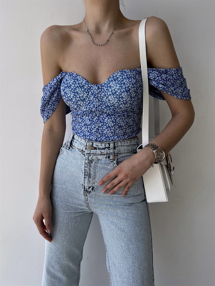 Çiçekli Düşük Omuz Gipeli Göğüs Kuplu Mireya Kadın Mavi Bluz 22Y000237