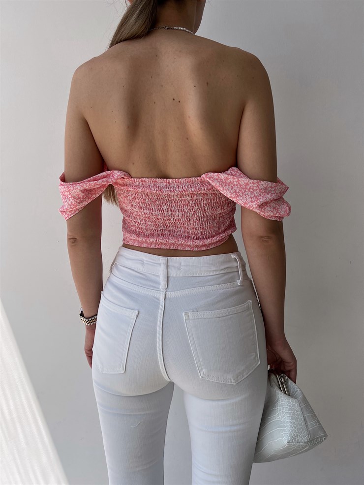 Çiçekli Düşük Omuz Gipeli Göğüs Kuplu Mireya Kadın Pudra Bluz 22Y000237