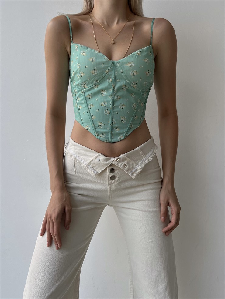 Çiçekli Etek Kısmı Asimetrik Kesim Korse Karli Kadın Mint Crop 22Y000302