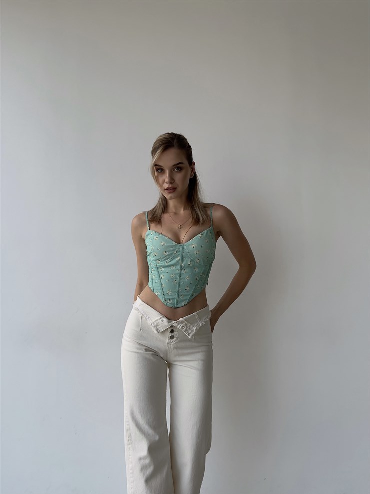 Çiçekli Etek Kısmı Asimetrik Kesim Korse Karli Kadın Mint Crop 22Y000302