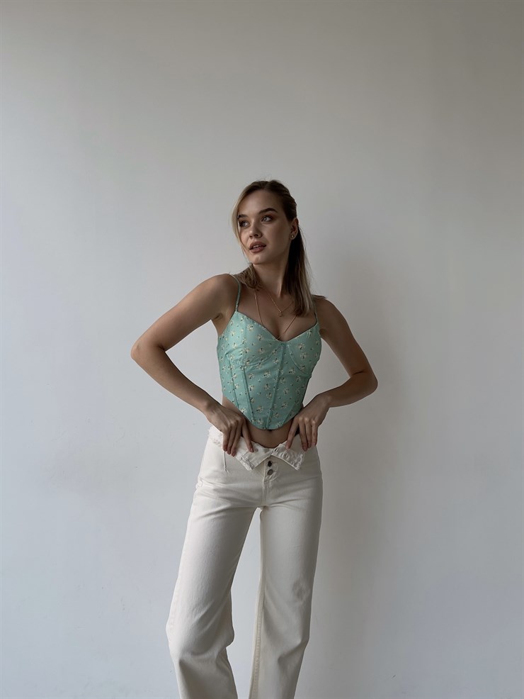 Çiçekli Etek Kısmı Asimetrik Kesim Korse Karli Kadın Mint Crop 22Y000302