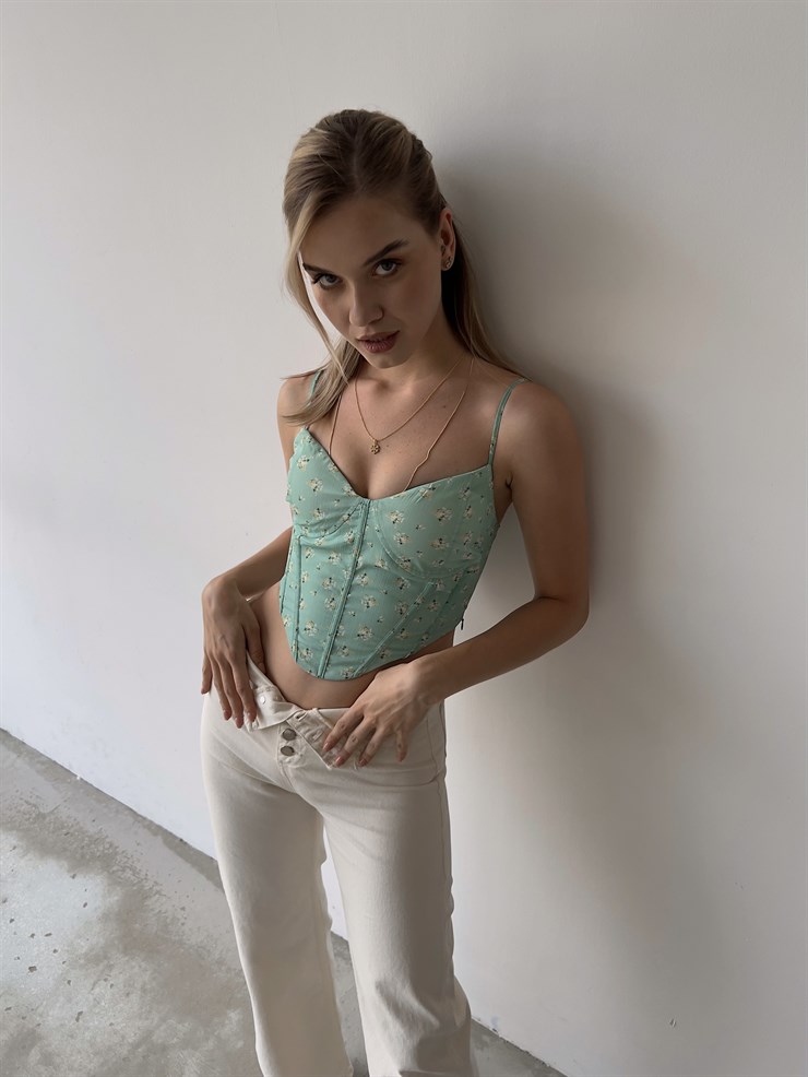 Çiçekli Etek Kısmı Asimetrik Kesim Korse Karli Kadın Mint Crop 22Y000302