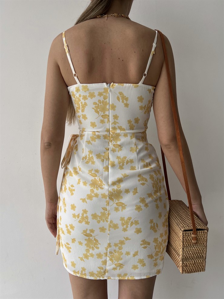 Çiçekli Etek Kısmı Kruvaze Yandan Bağcıklı Meliora Kadın Sarı Elbise 22Y000327