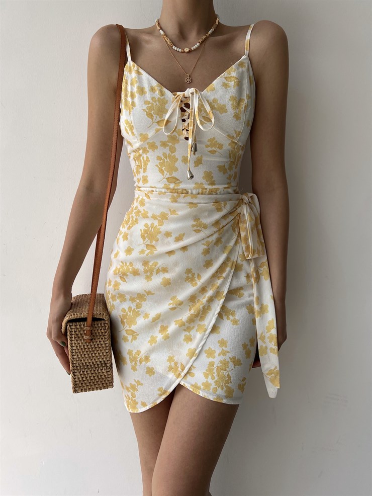 Çiçekli Etek Kısmı Kruvaze Yandan Bağcıklı Meliora Kadın Sarı Elbise 22Y000327