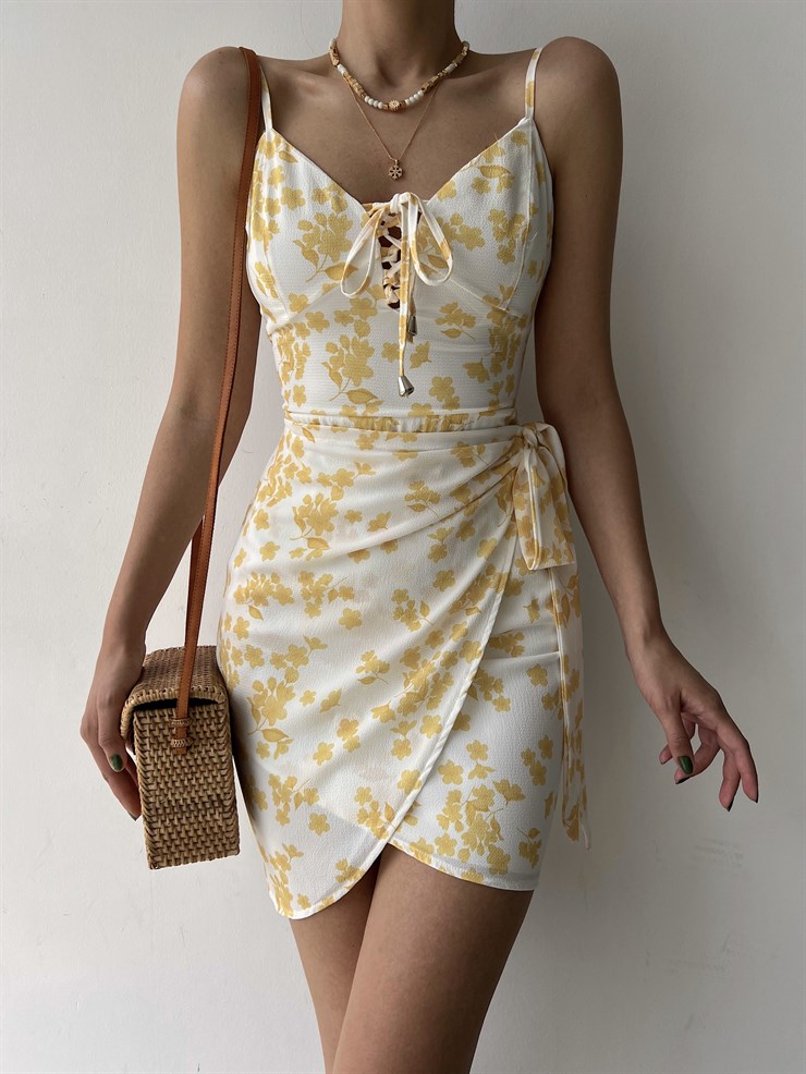 Çiçekli Etek Kısmı Kruvaze Yandan Bağcıklı Meliora Kadın Sarı Elbise 22Y000327